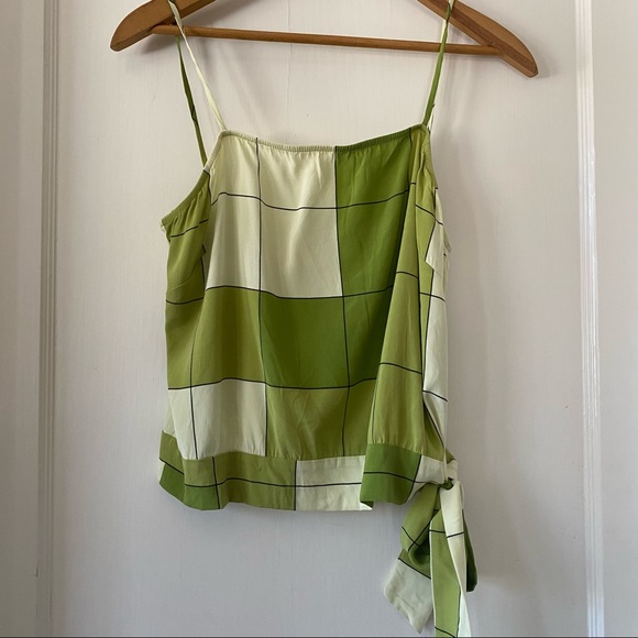 Silk Halter Crop Top Lime Green Print Plaid Summer Tube with Straps Y2K bow tie - Picture 8 of 11